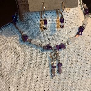 Purple and white beaded necklace and earrings